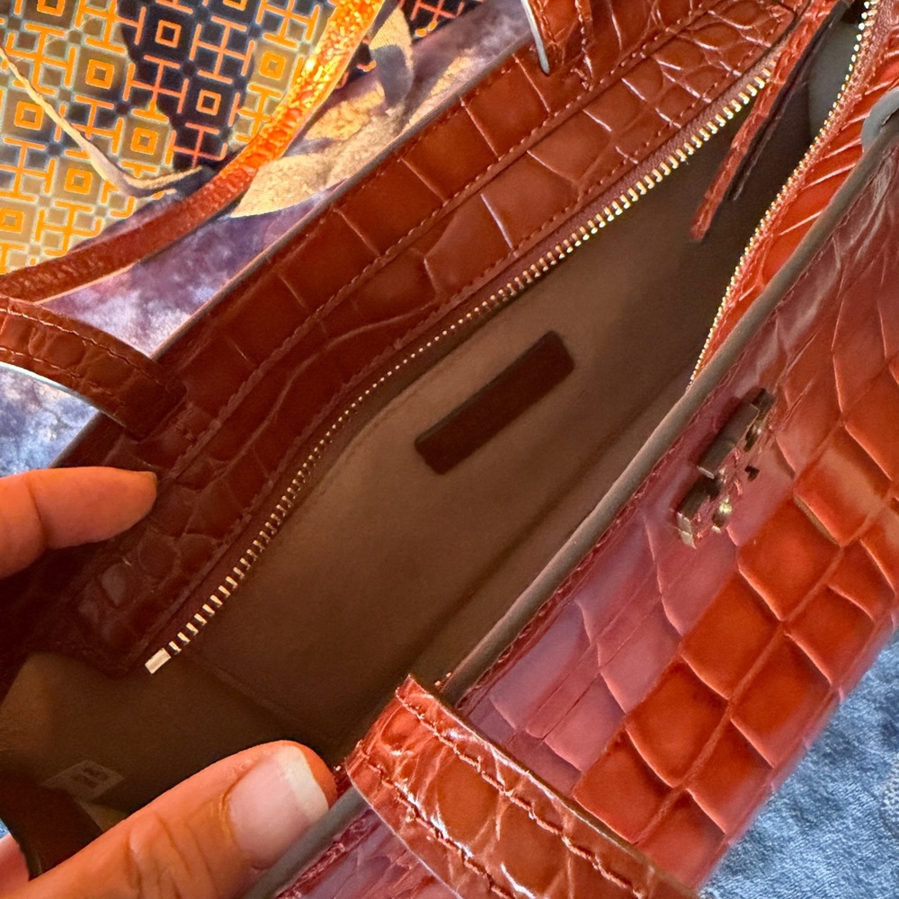 Tory Burch Cognac Croc Embossed Handbag - Picture 11 of 14